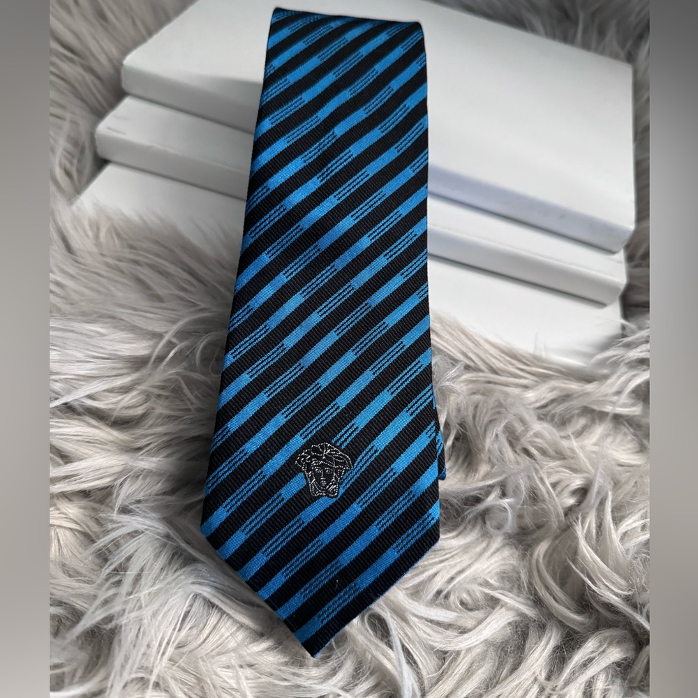 Blue and Black Striped Versace Tie